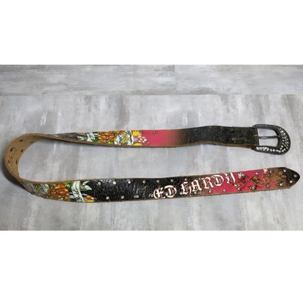 Ed Hardy For The World Rhinestone Studded Pink Black Tattoo Leather Belt Sz S-M - Picture 9 of 16